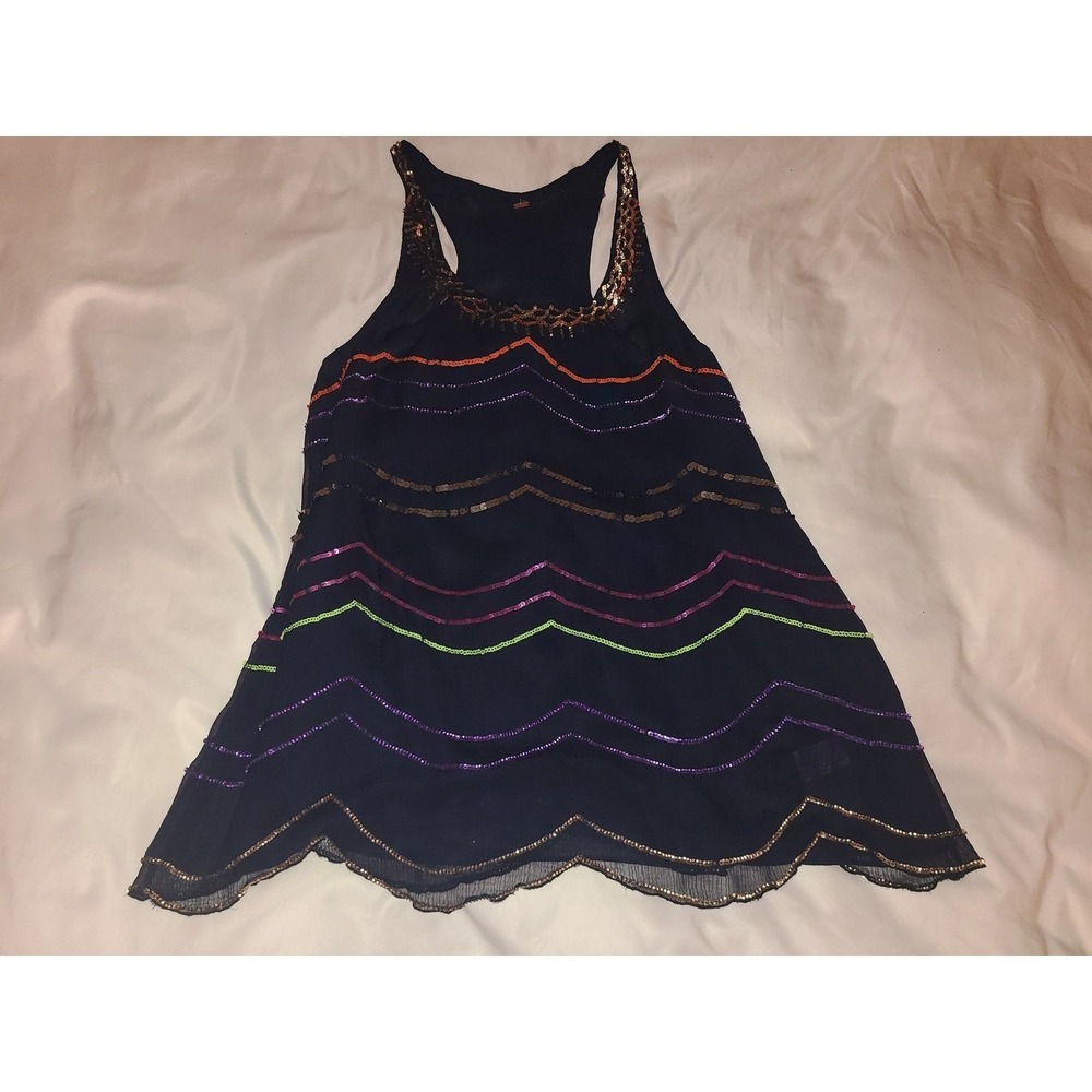 Free People Sequin Chevron Tank Top Navy Blue Racerback Scalloped Hem Boho Med